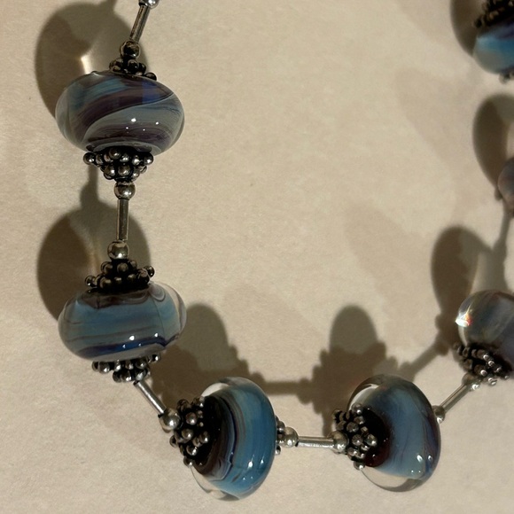 Blue and Silver Lampwork Glass Bracelet with Toggle Clasp - Picture 3 of 9